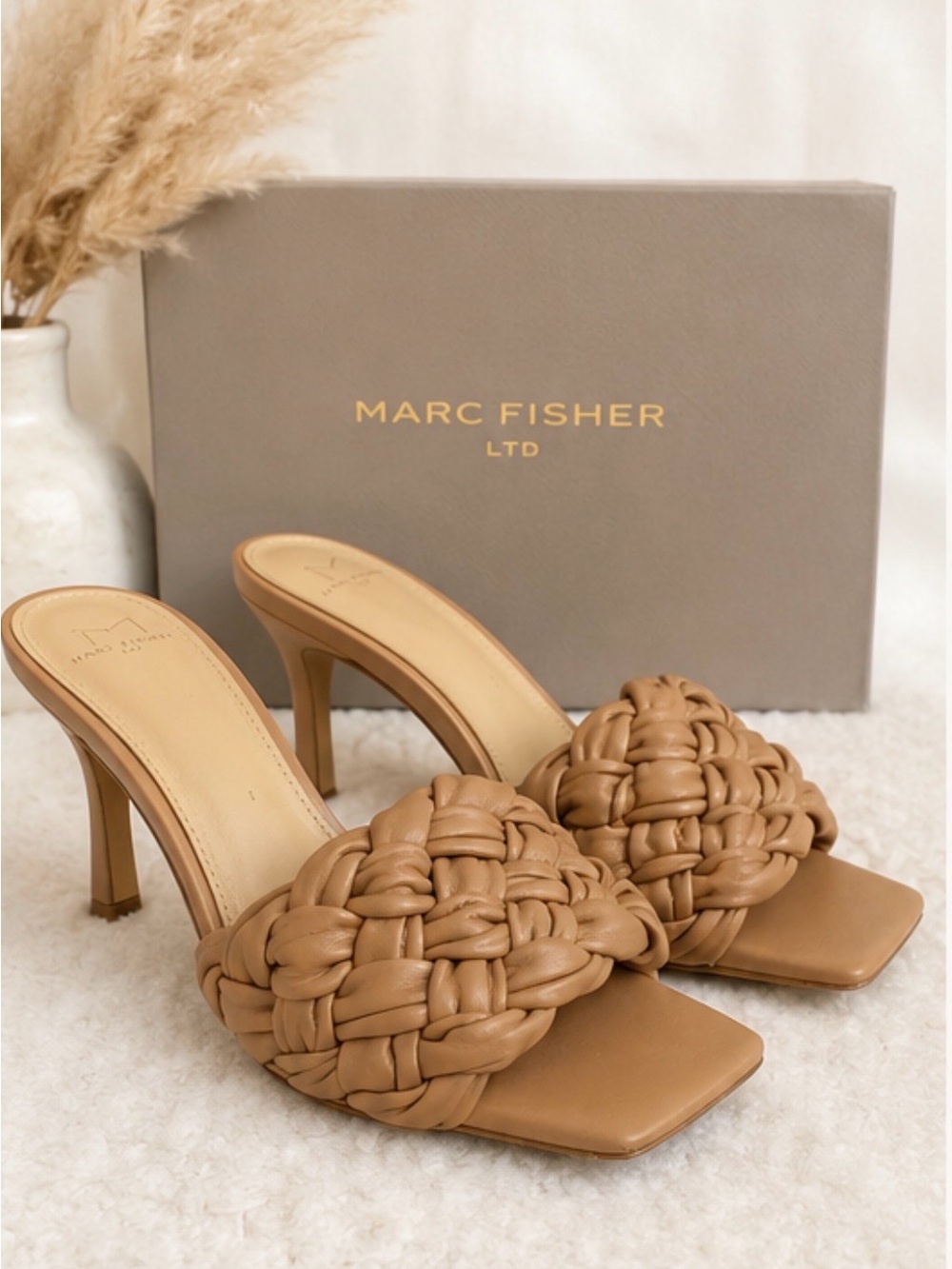 Marc Fisher Draya Woven Leather Mule Heels Nude Tan - Size 8.5